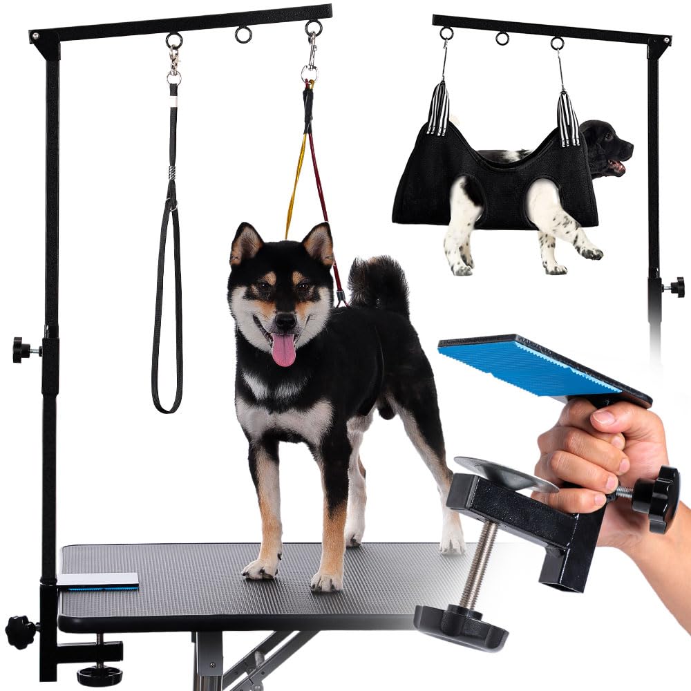 Dog Grooming Table Arm with Hammock - Adjustable Height Pet Grooming Hammock No Sit Haunch Holders Loop Noose Heavy-Duty Clamp (Black)