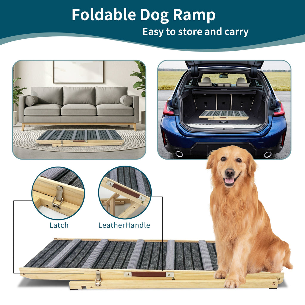 Adjustable Solid Wood Dog Ramp with 6 Height Settings and Non-Slip