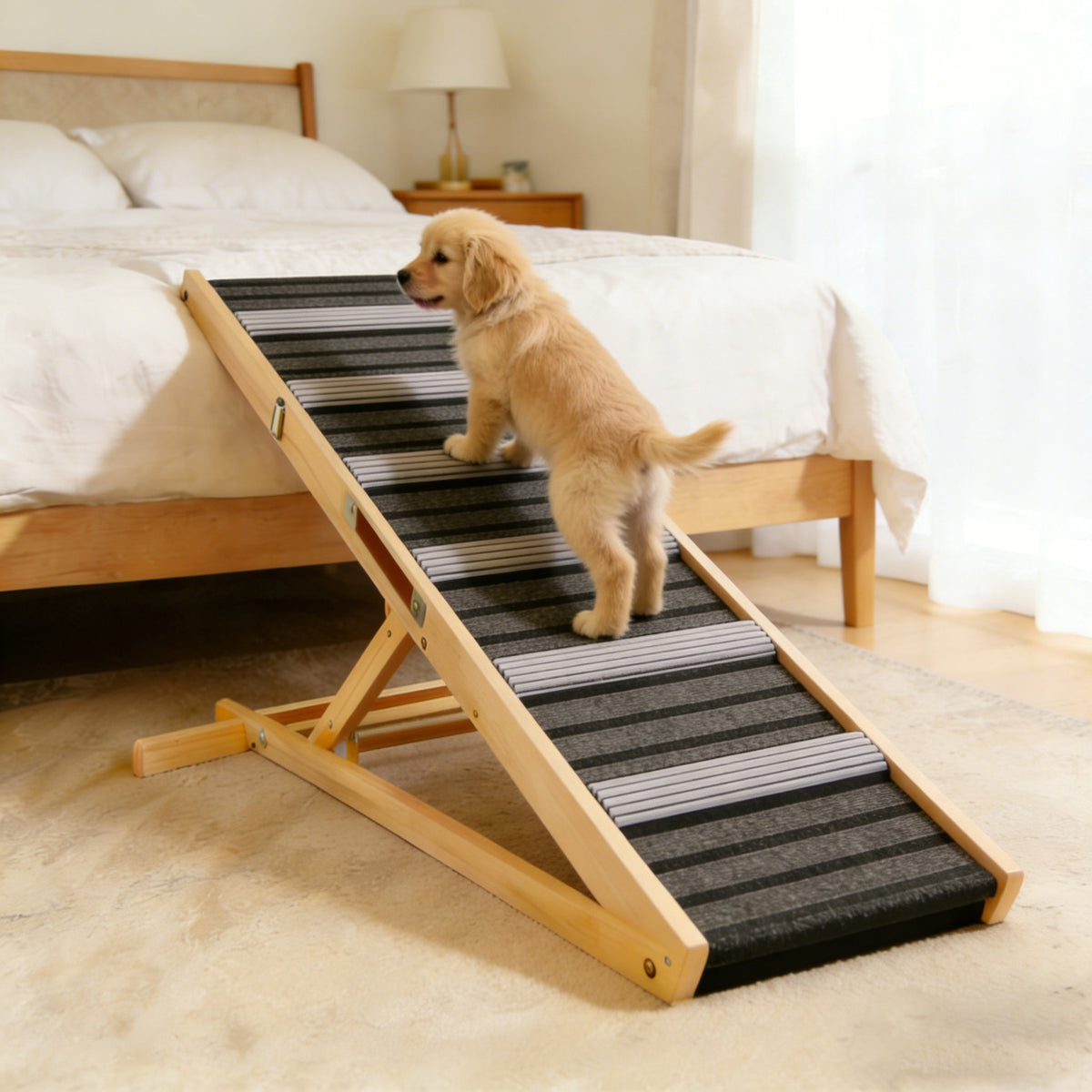 Adjustable Solid Wood Dog Ramp with 6 Height Settings and Non-Slip