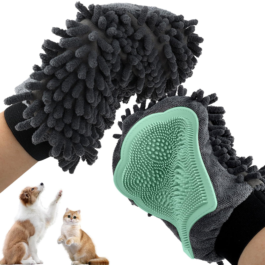 Grooming Gloves for Dogs and Cats - Paw Cleaning Mitt Pet Hair Removal Glove Suitable for Long/Short/Poodle Fur (Green)