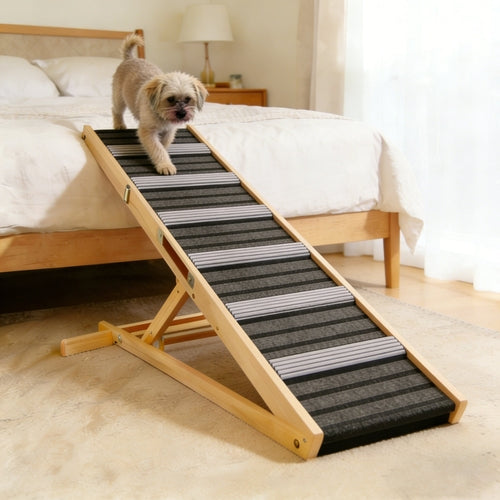 Adjustable Solid Wood Dog Ramp with 6 Height Settings and Non-Slip