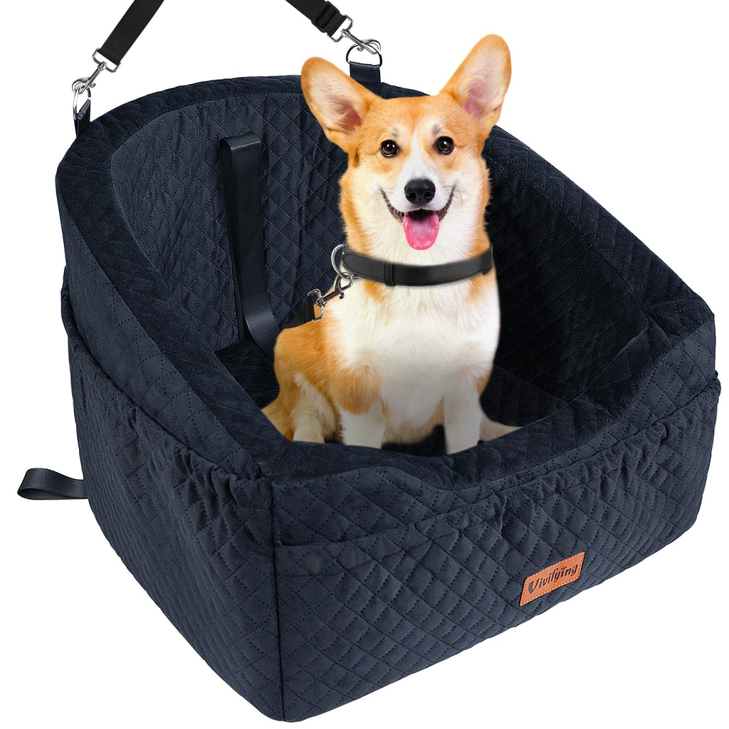 Vivifying Dog Car Seat for Small & Medium Dogs Detachable & Washable Booster Seat for Pets Up to 30lbs Travel Bed with Storage Pockets and Safety Belt – Black
