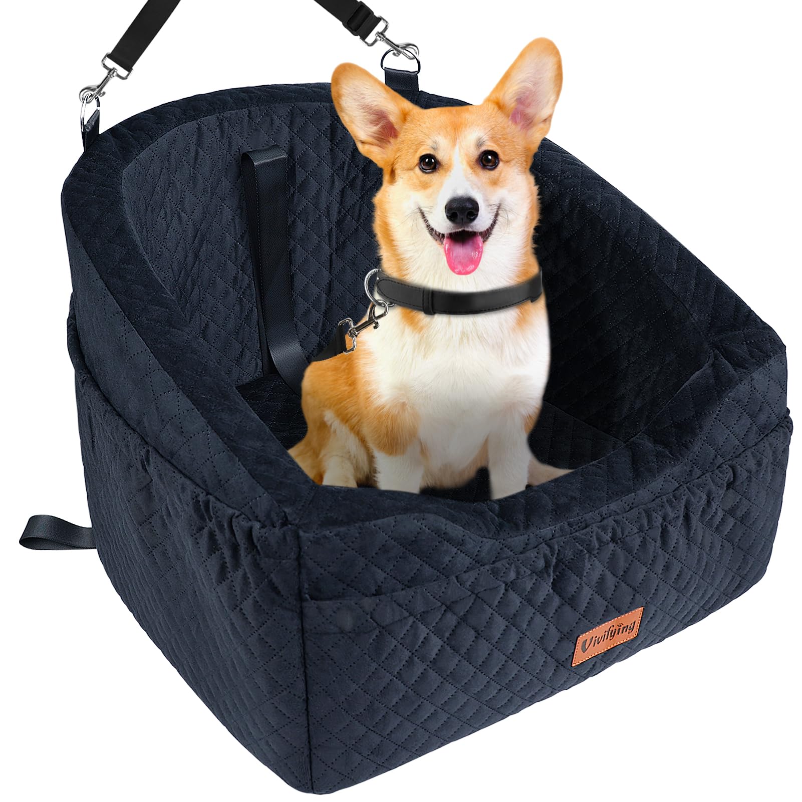 Vivifying Dog Car Seat for Small & Medium Dogs Detachable & Washable Booster Seat for Pets Up to 30lbs Travel Bed with Storage Pockets and Safety Belt – Black