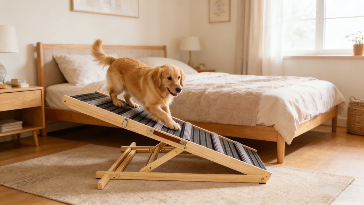 Adjustable Solid Wood Dog Ramp with 6 Height Settings and Non-Slip