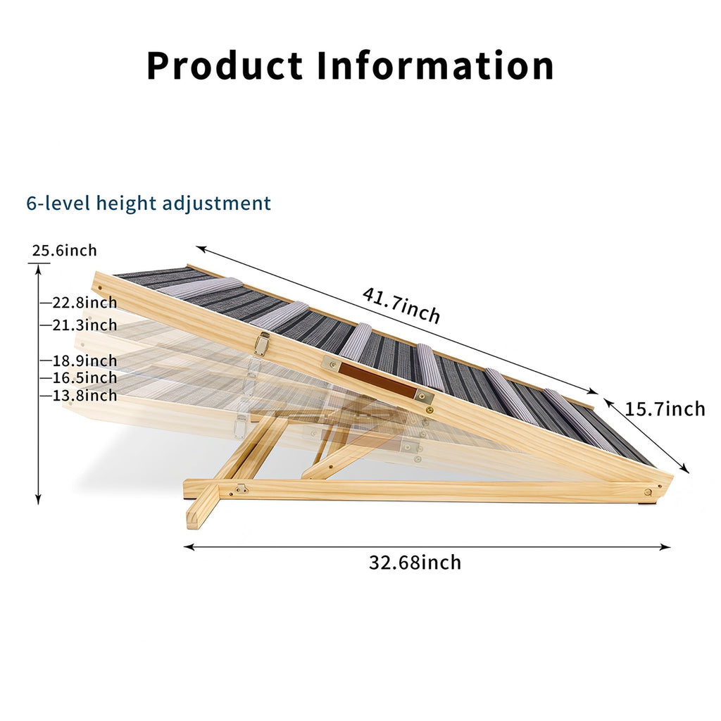 Adjustable Solid Wood Dog Ramp with 6 Height Settings and Non-Slip