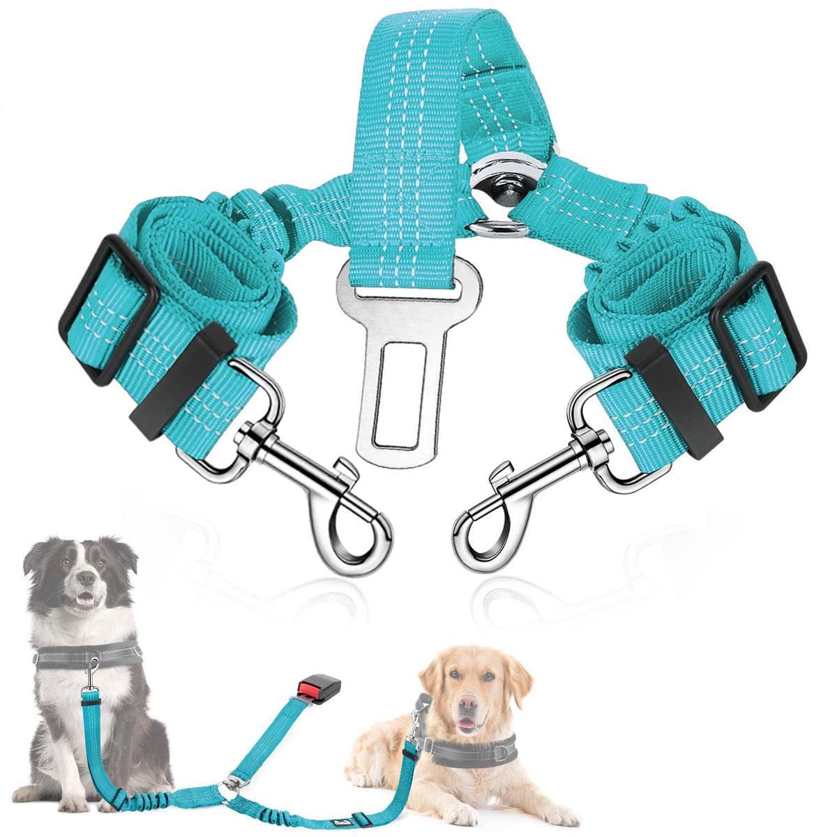 SlowTon Dog Seat Belt Double Dog Seatbelt Adjustable Vehicle Safety Leash with Elastic Bungee Buffer Reflective No Tangle Y Shape Two Dog Harness Seat Belt Splitter for Pets Car Trip (Mint Blue M)